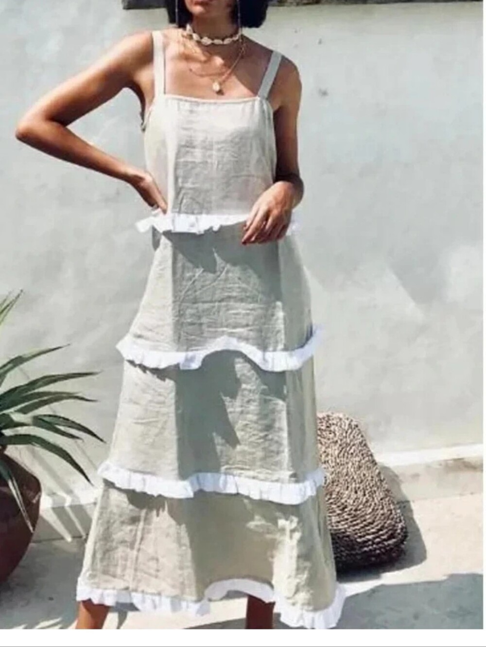 LJC Designs size M Natural Sleeveless Strap Ruffle Bistro Dress 100% Linen Long